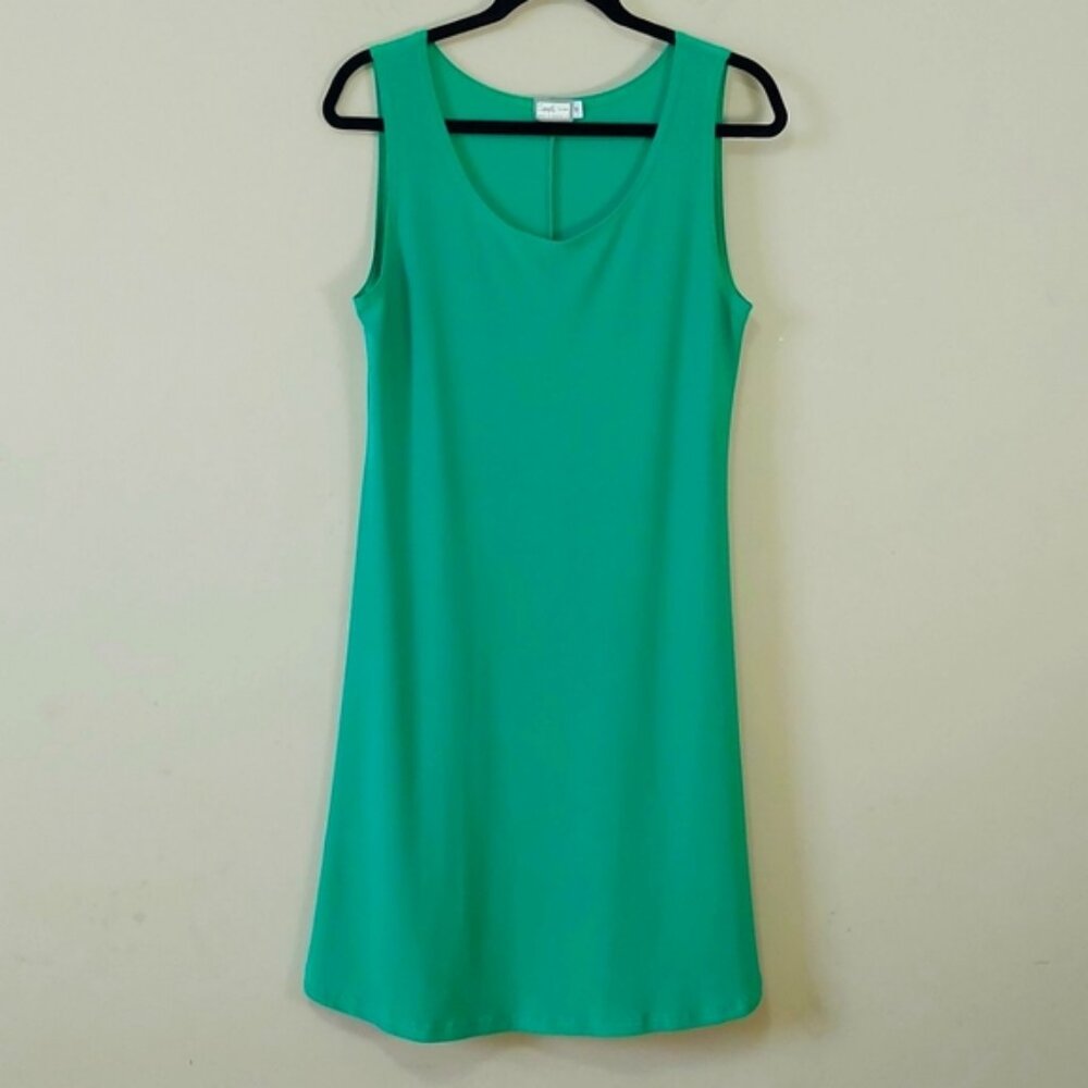Sympli Flare Sleeveless Dress Size 10 Green Stretch Tunic Cottagecore Scoop Neck